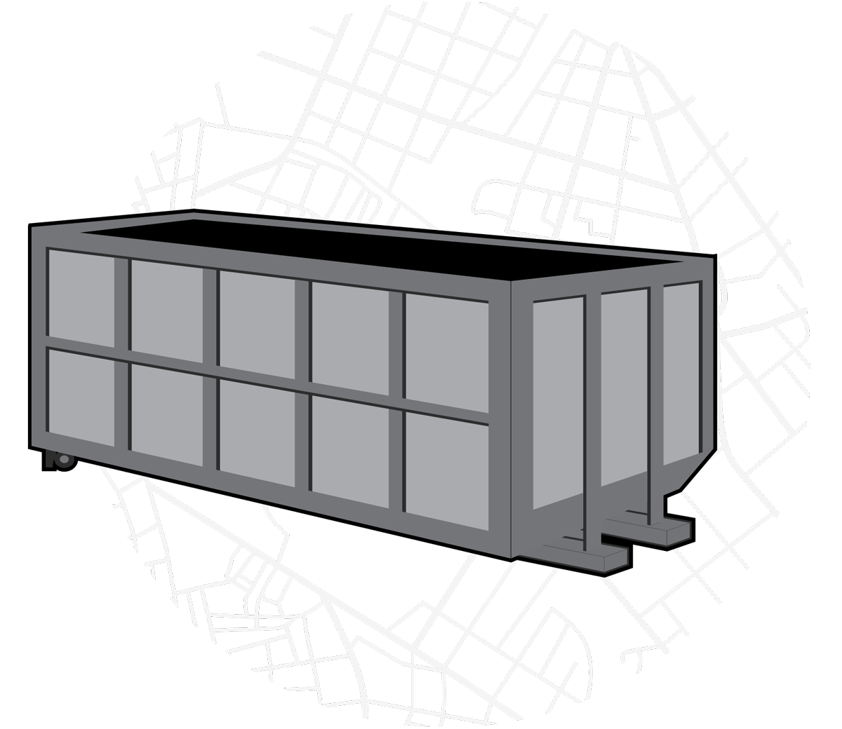 A gray shipping container. It is rectangular in shape.
